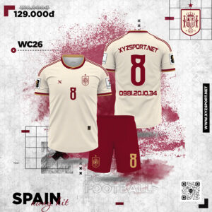 Bộ Áo Đấu Tây Ban Nha Sân Khách 2026 Màu Kem Phối Đỏ Đô Sang Trọng