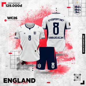 Bộ Quần Áo Bóng Đá Trắng Xanh Navy – Inglaterra World Cup 2026